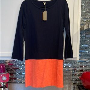 J. Crew Navy and Neon Orange Midi Dress